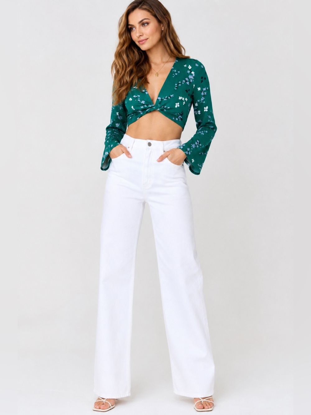NWT MINKPINK green floral Crop Top Long Sleeve blouse Size XXS (fits XS)